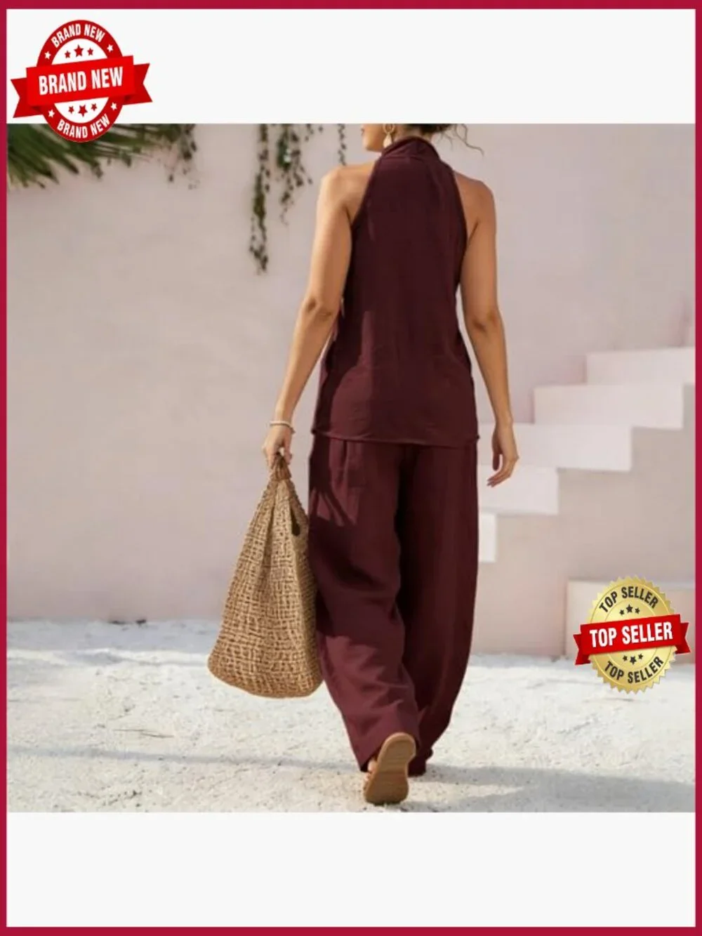 Sleeveless V Neck Halter Top Wide Leg Pants Summer Matching Lounge Set
